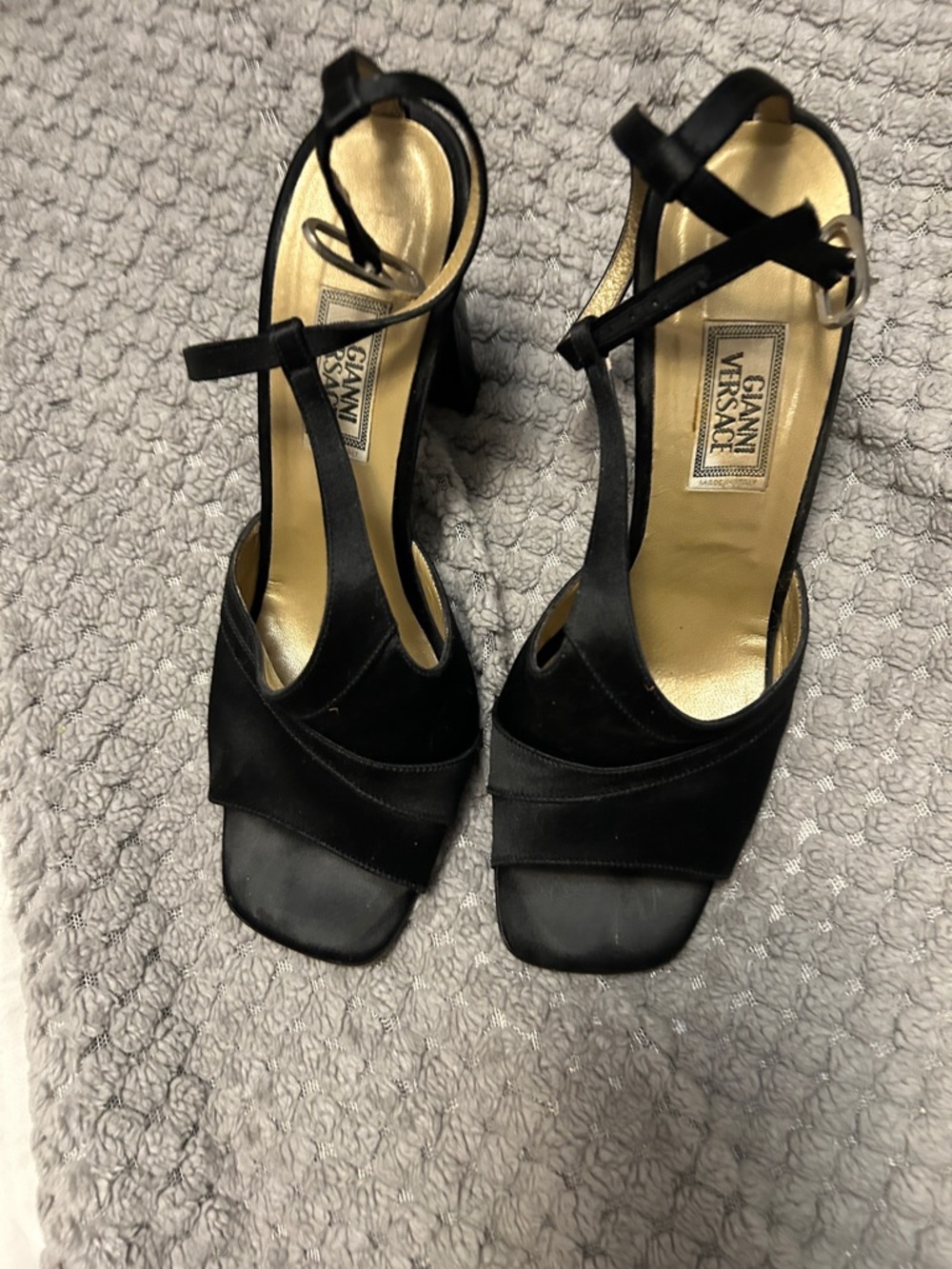 Versace Black Satin T-Strap Block Heel Sandals with Gold Insole